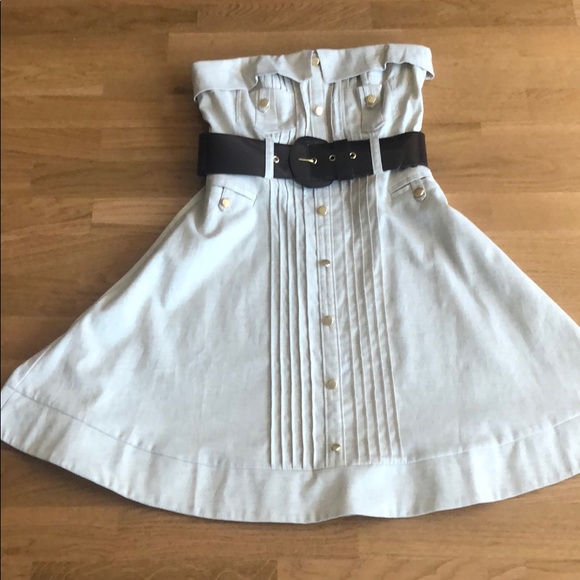 Strapless Beige Dress with Brown Accent Belt - Picture 2 of 3